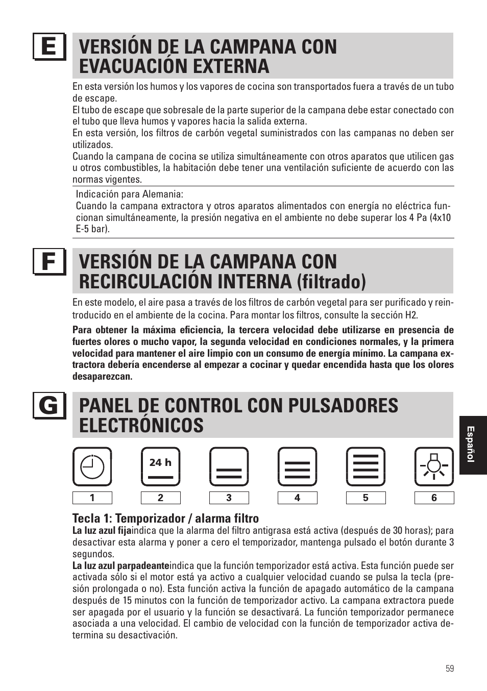 Versión de la campana con evacuación externa, Panel de control con pulsadores electrónicos | Panasonic KHB90FBW1 User Manual | Page 61 / 92