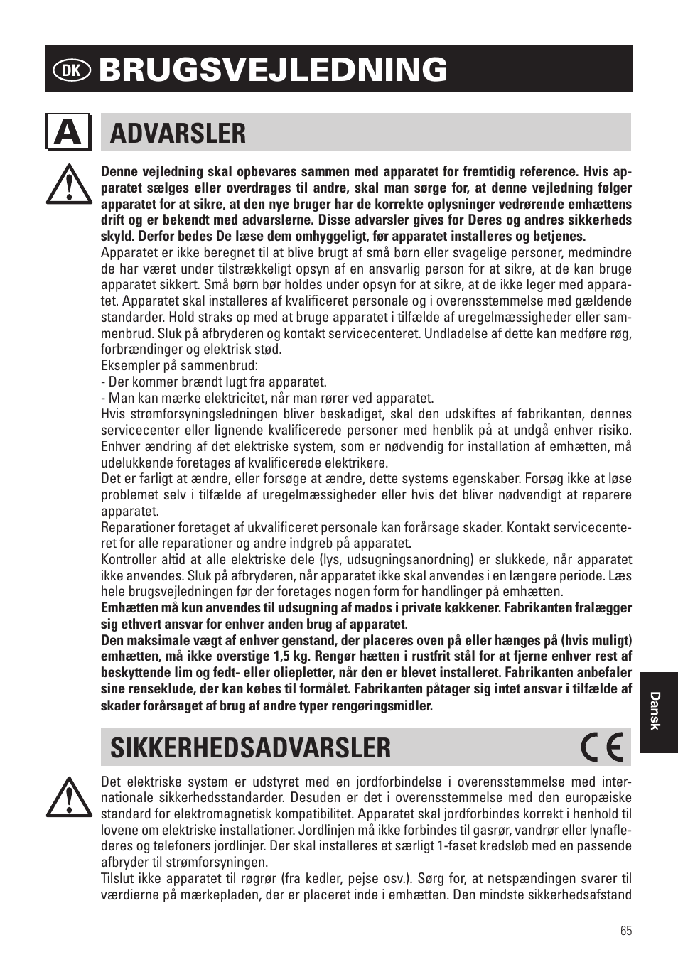 Brugsvejledning, Advarsler, Sikkerhedsadvarsler | Panasonic KHB90FBW1 User Manual | Page 67 / 92