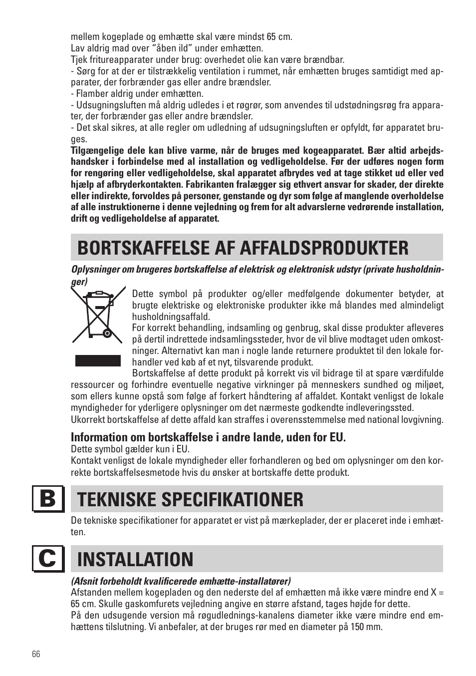 Bortskaffelse af affaldsprodukter, Tekniske specifikationer, Installation | Panasonic KHB90FBW1 User Manual | Page 68 / 92