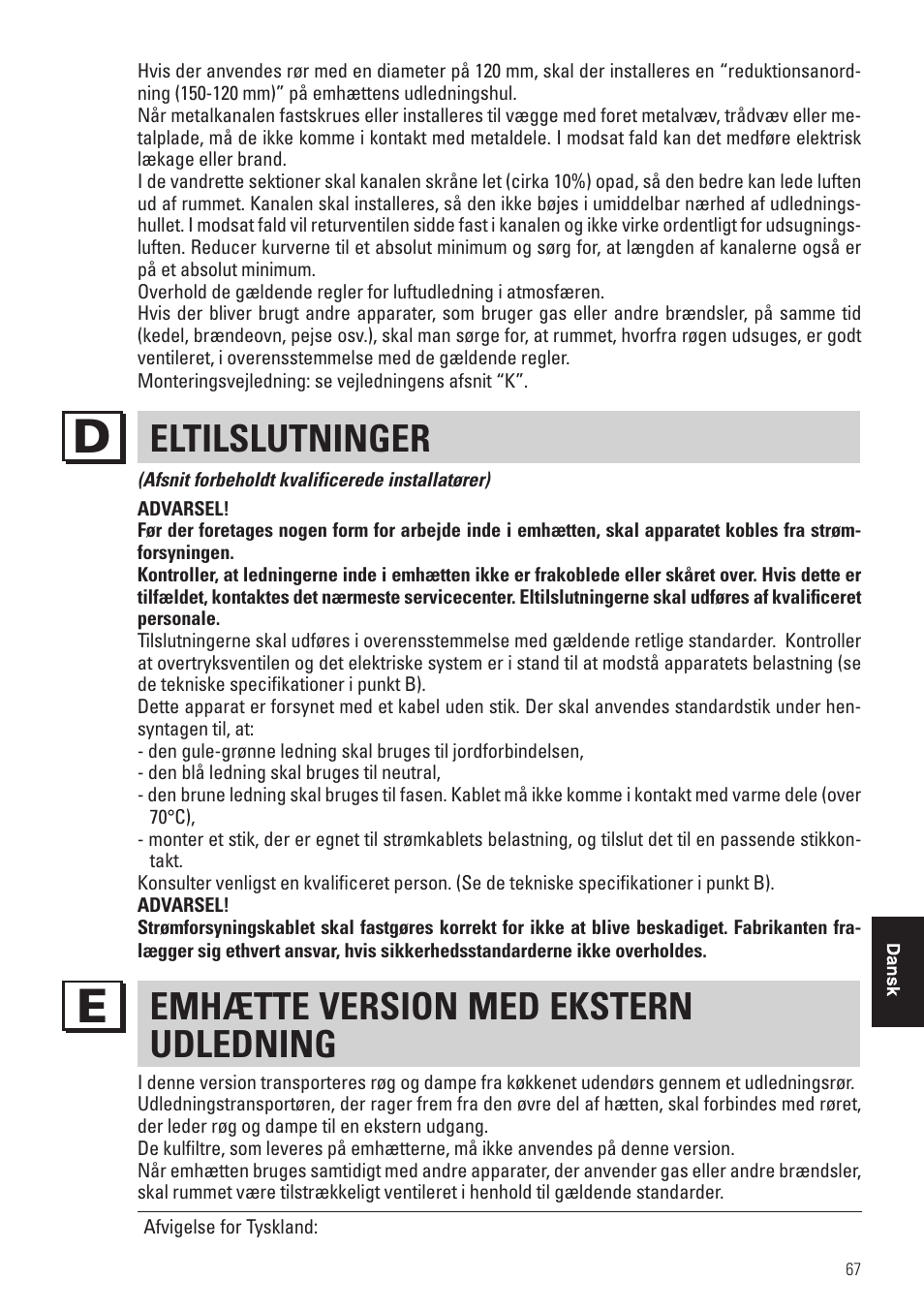 Eltilslutninger, Emhætte version med ekstern udledning | Panasonic KHB90FBW1 User Manual | Page 69 / 92