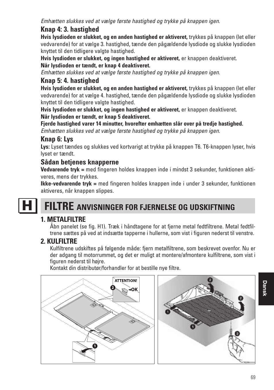 Filtre, Anvisninger for fjernelse og udskiftning | Panasonic KHB90FBW1 User Manual | Page 71 / 92