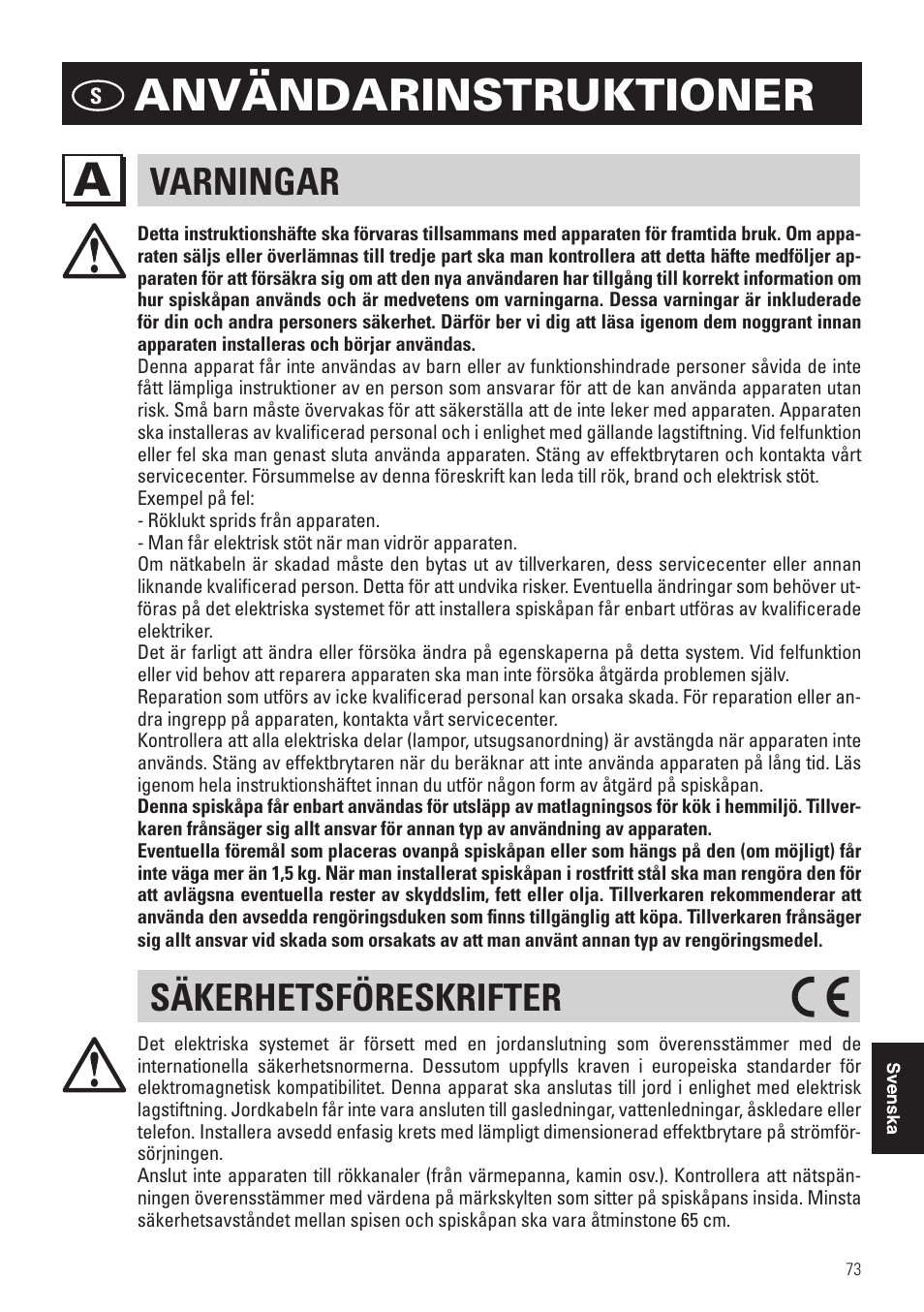 Användarinstruktioner, Varningar, Säkerhetsföreskrifter | Panasonic KHB90FBW1 User Manual | Page 75 / 92
