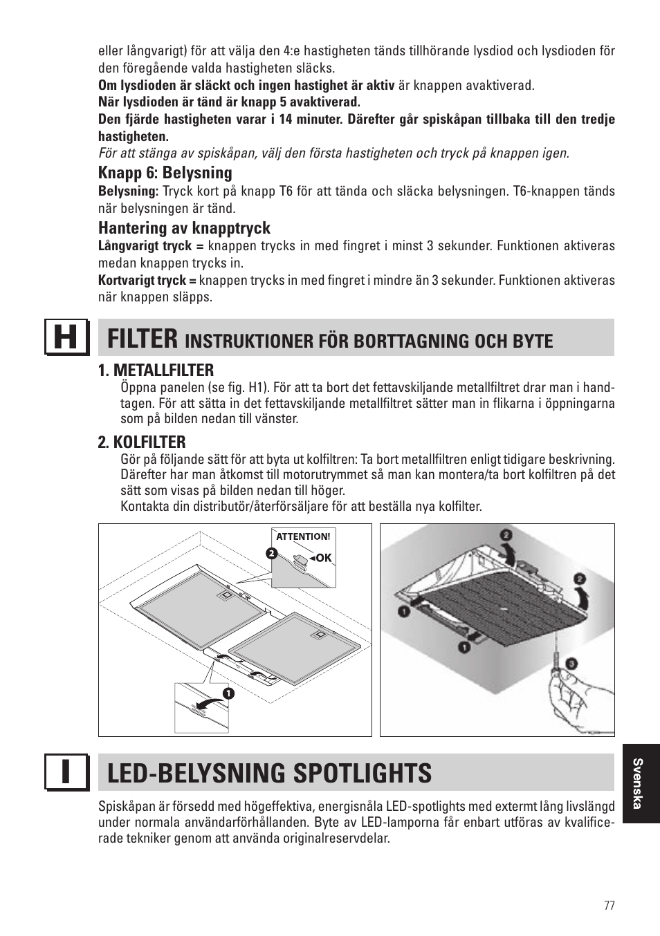 Filter, Led-belysning spotlights | Panasonic KHB90FBW1 User Manual | Page 79 / 92