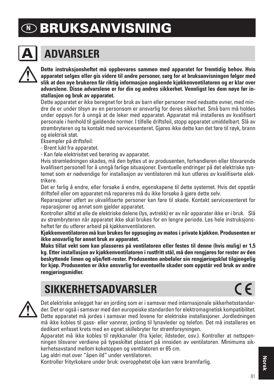 Bruksanvisning, Advarsler, Sikkerhetsadvarsler | Panasonic KHB90FBW1 User Manual | Page 83 / 92