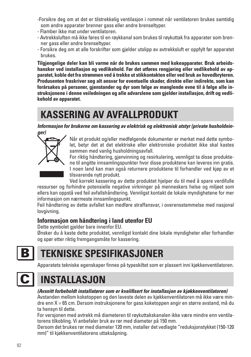 Kassering av avfallprodukt, Tekniske spesifikasjoner, Installasjon | Panasonic KHB90FBW1 User Manual | Page 84 / 92