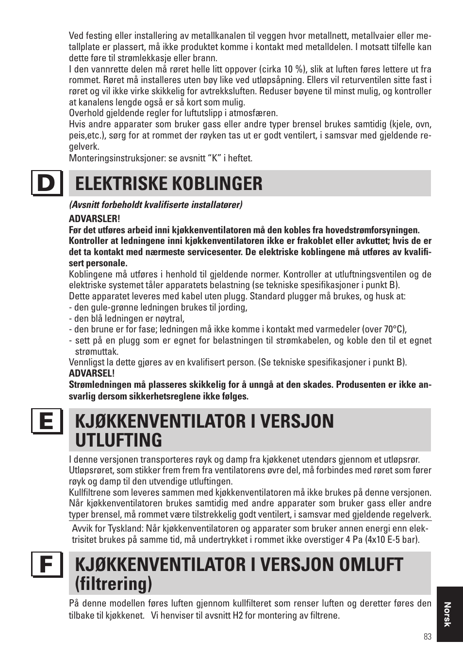 Elektriske koblinger, Kjøkkenventilator i versjon utlufting, Kjøkkenventilator i versjon omluft (filtrering) | Panasonic KHB90FBW1 User Manual | Page 85 / 92