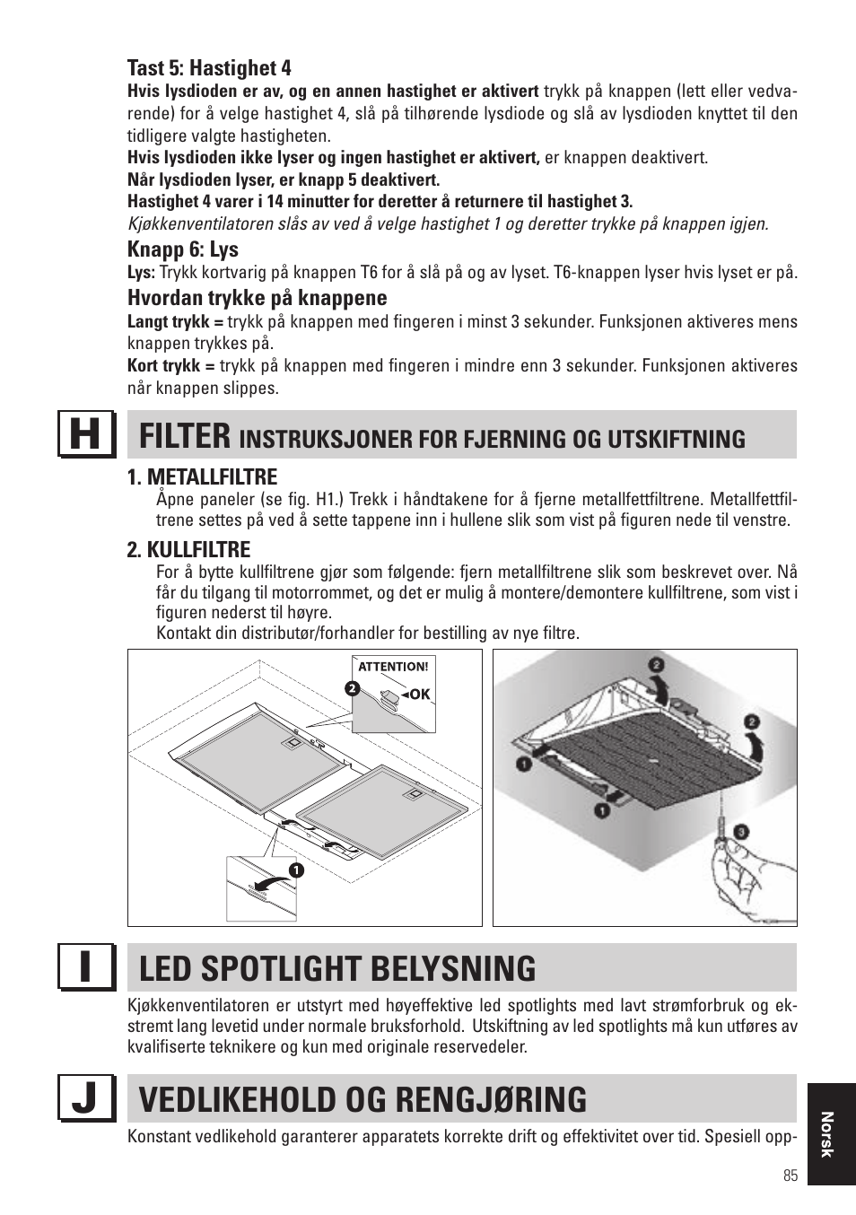 Filter, Led spotlight belysning, Vedlikehold og rengjøring | Panasonic KHB90FBW1 User Manual | Page 87 / 92