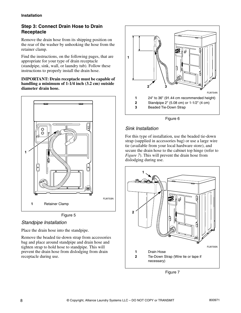 Step 3: connect drain hose to drain receptacle, Standpipe installation, Sink installation | Alliance Laundry Systems FLW700C User Manual | Page 10 / 38
