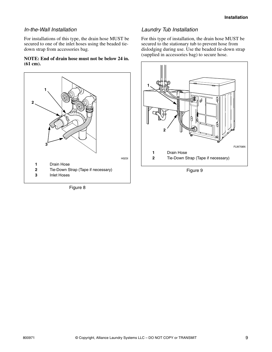 In-the-wall installation, Laundry tub installation | Alliance Laundry Systems FLW700C User Manual | Page 11 / 38