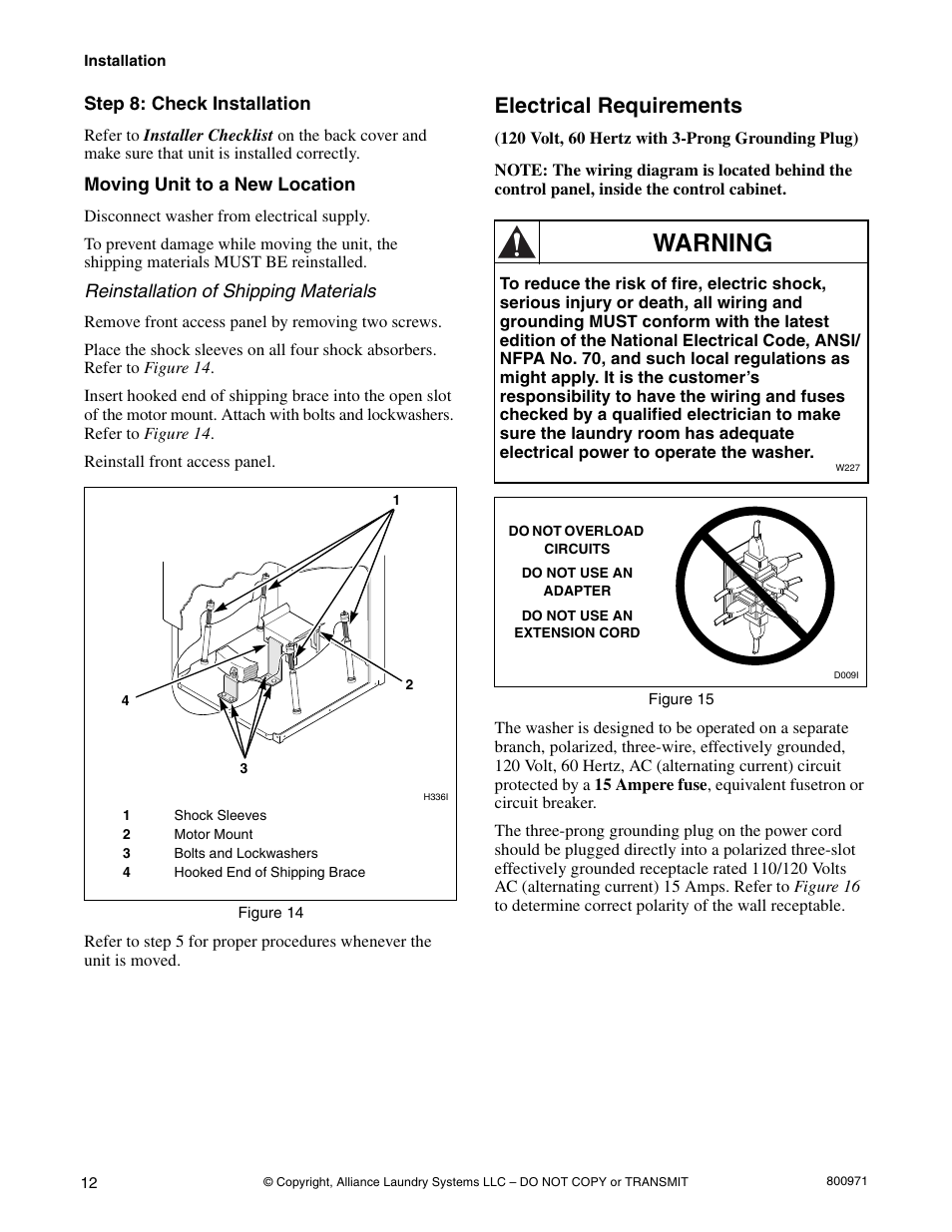 Warning, Electrical requirements | Alliance Laundry Systems FLW700C User Manual | Page 14 / 38