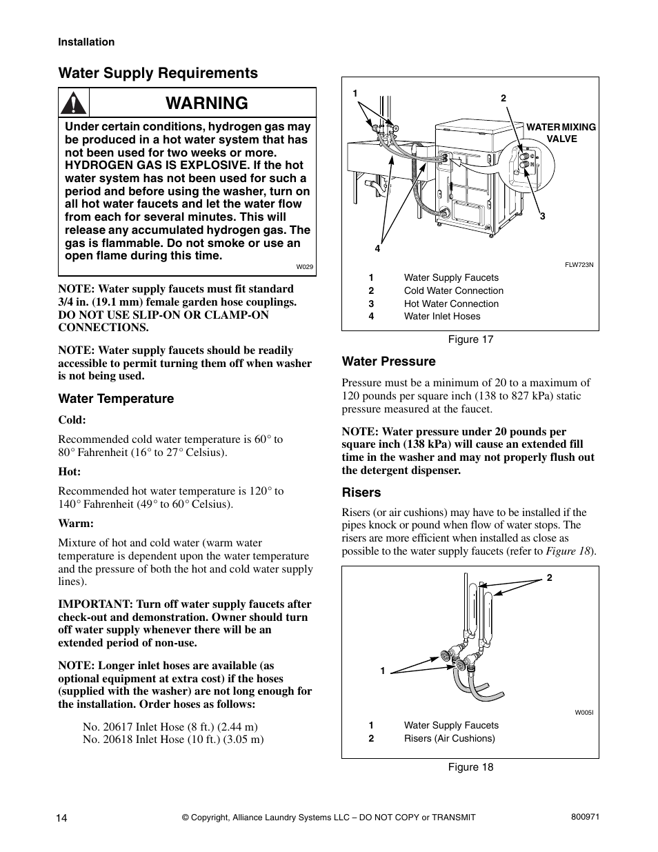 Warning, Water supply requirements | Alliance Laundry Systems FLW700C User Manual | Page 16 / 38