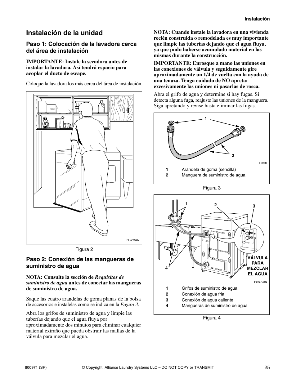 Instalación de la unidad | Alliance Laundry Systems FLW700C User Manual | Page 27 / 38