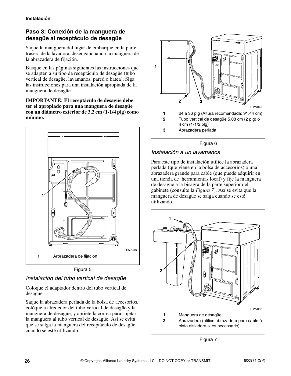 Instalación del tubo vertical de desagüe, Instalación a un lavamanos | Alliance Laundry Systems FLW700C User Manual | Page 28 / 38