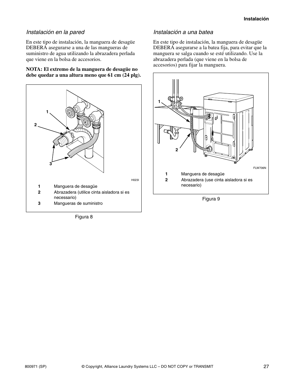 Instalación en la pared, Instalación a una batea | Alliance Laundry Systems FLW700C User Manual | Page 29 / 38