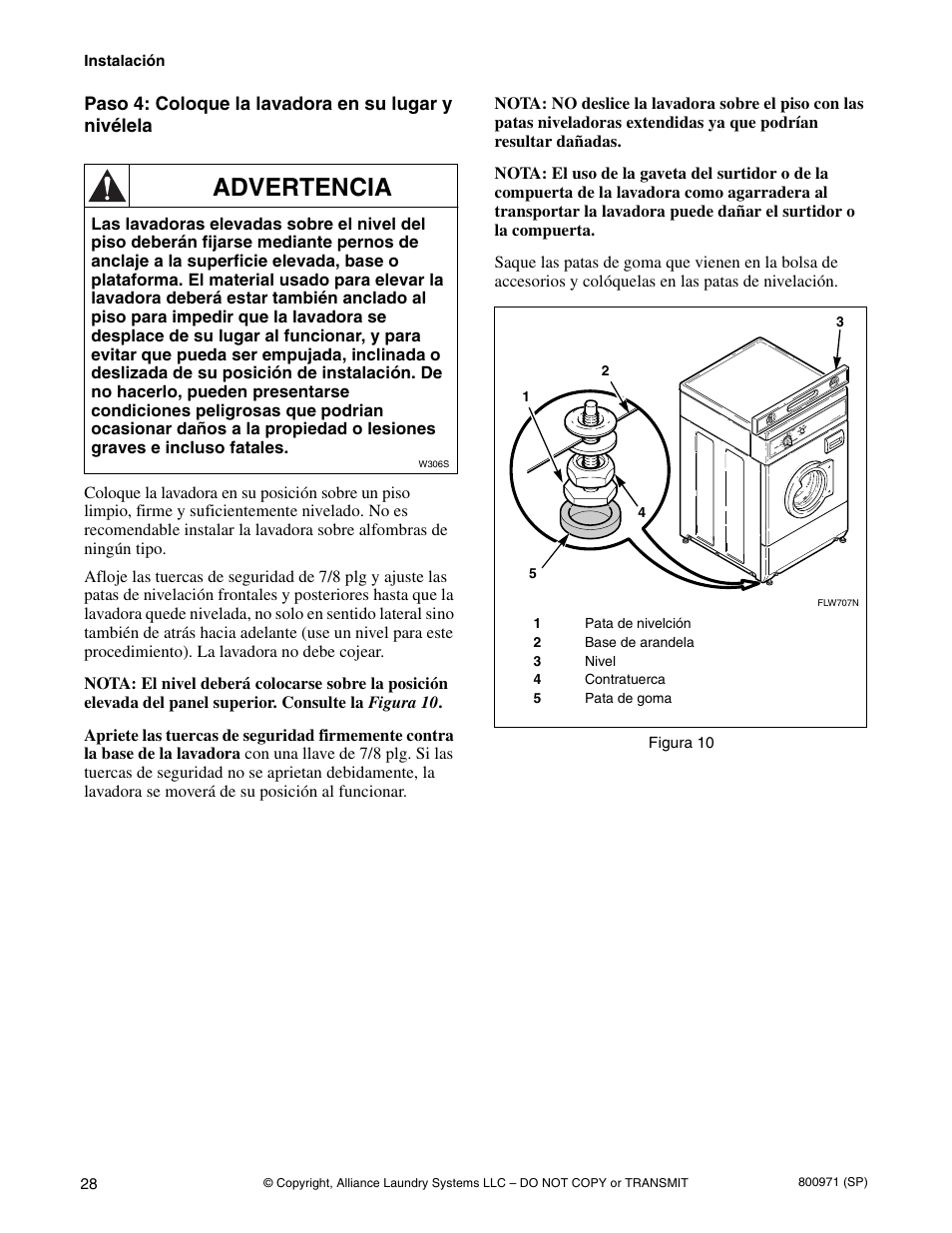 Advertencia | Alliance Laundry Systems FLW700C User Manual | Page 30 / 38
