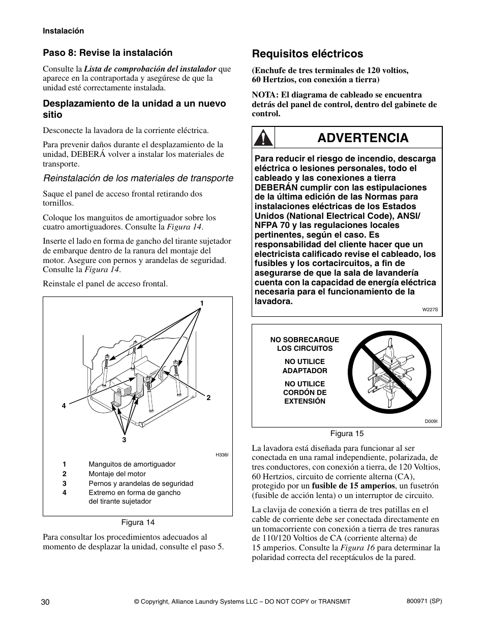 Advertencia, Requisitos eléctricos | Alliance Laundry Systems FLW700C User Manual | Page 32 / 38