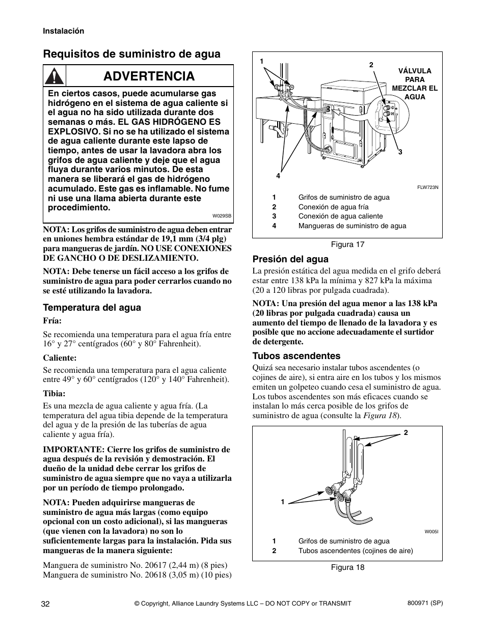 Advertencia, Requisitos de suministro de agua | Alliance Laundry Systems FLW700C User Manual | Page 34 / 38