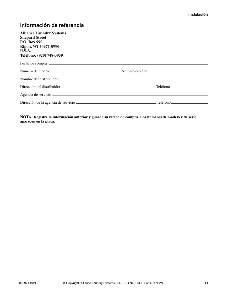 Información de referencia | Alliance Laundry Systems FLW700C User Manual | Page 35 / 38