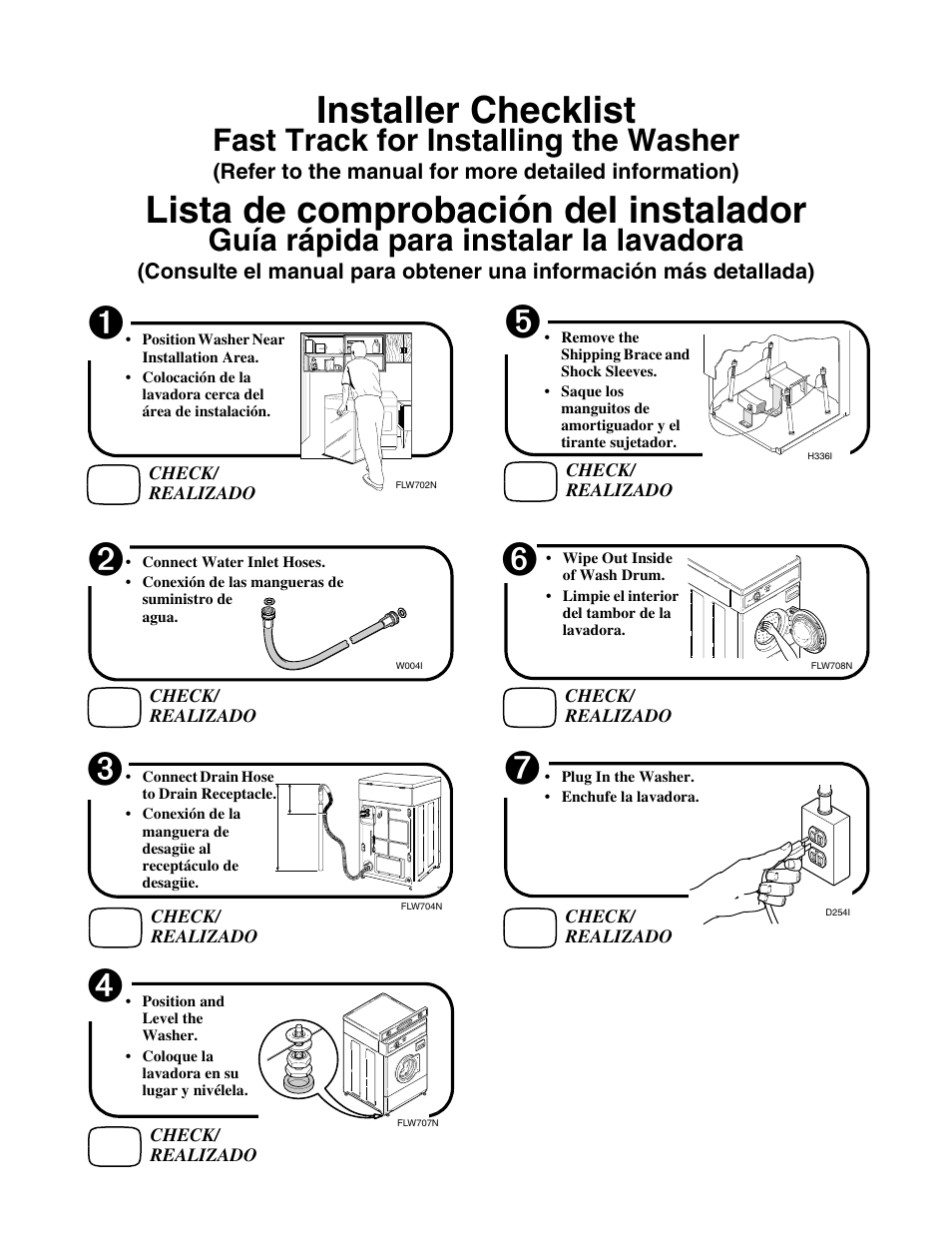 Installer checklist, Lista de comprobación del instalador, Fast track for installing the washer | Guía rápida para instalar la lavadora | Alliance Laundry Systems FLW700C User Manual | Page 38 / 38