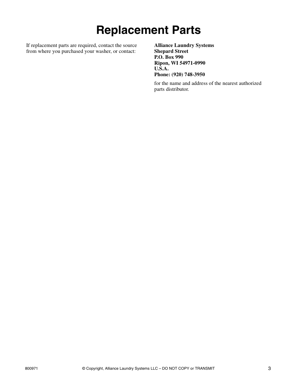 Replacement parts | Alliance Laundry Systems FLW700C User Manual | Page 5 / 38