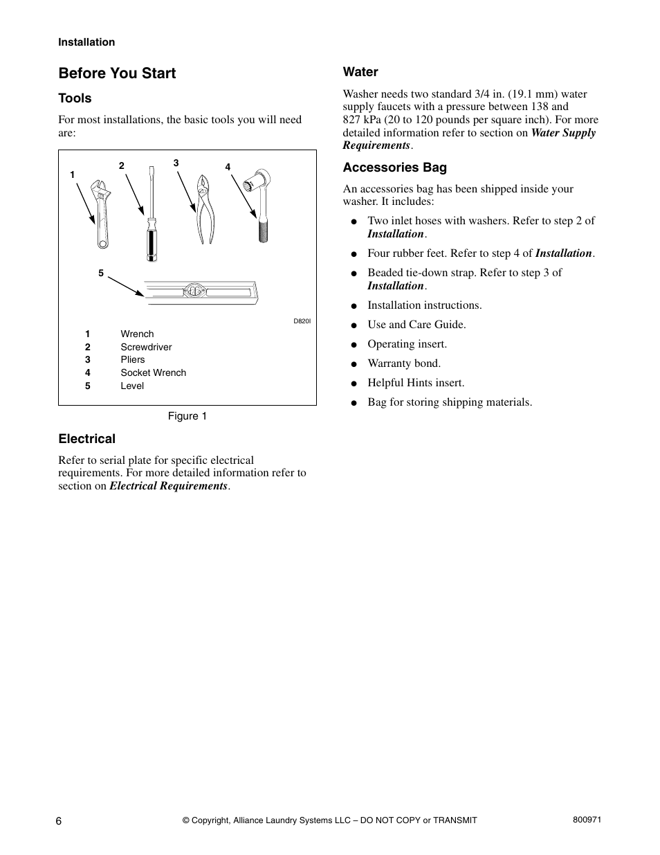 Before you start, Tools, Electrical | Water, Accessories bag | Alliance Laundry Systems FLW700C User Manual | Page 8 / 38