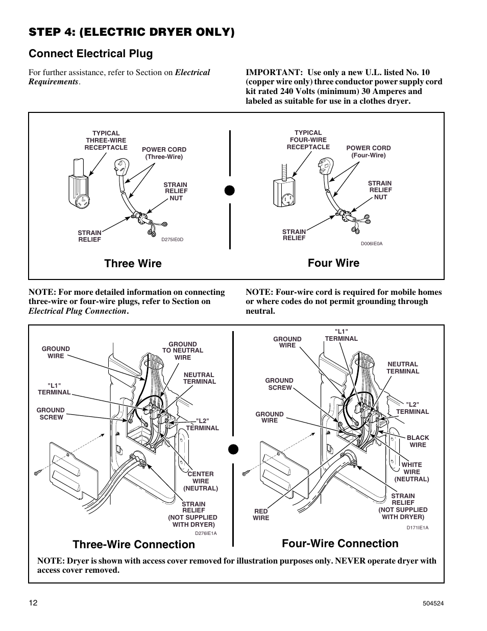 Three wire, Four wire, Three-wire connection | Four-wire connection | Alliance Laundry Systems D355IE1B User Manual | Page 14 / 88