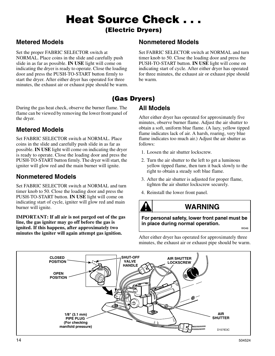 Heat source check, Warning, Electric dryers) metered models | Nonmetered models, Gas dryers), Metered models, All models | Alliance Laundry Systems D355IE1B User Manual | Page 16 / 88