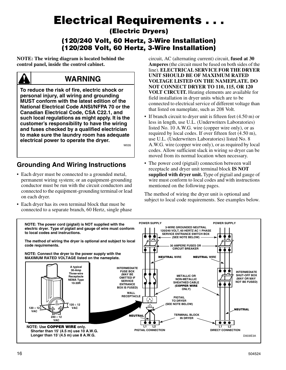 Electrical requirements, Warning, Grounding and wiring instructions | Alliance Laundry Systems D355IE1B User Manual | Page 18 / 88
