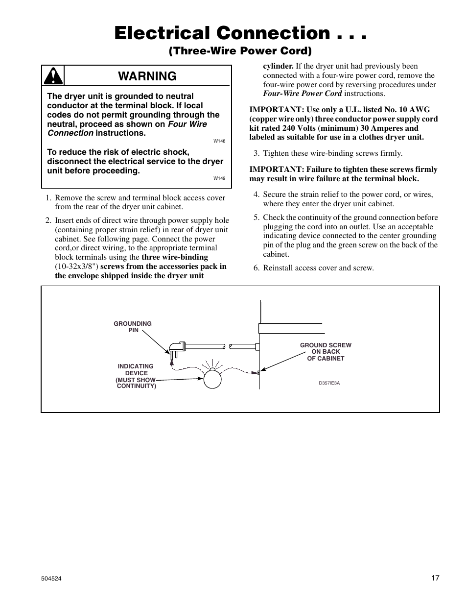 Electrical connection, Warning, Three-wire power cord) | Alliance Laundry Systems D355IE1B User Manual | Page 19 / 88