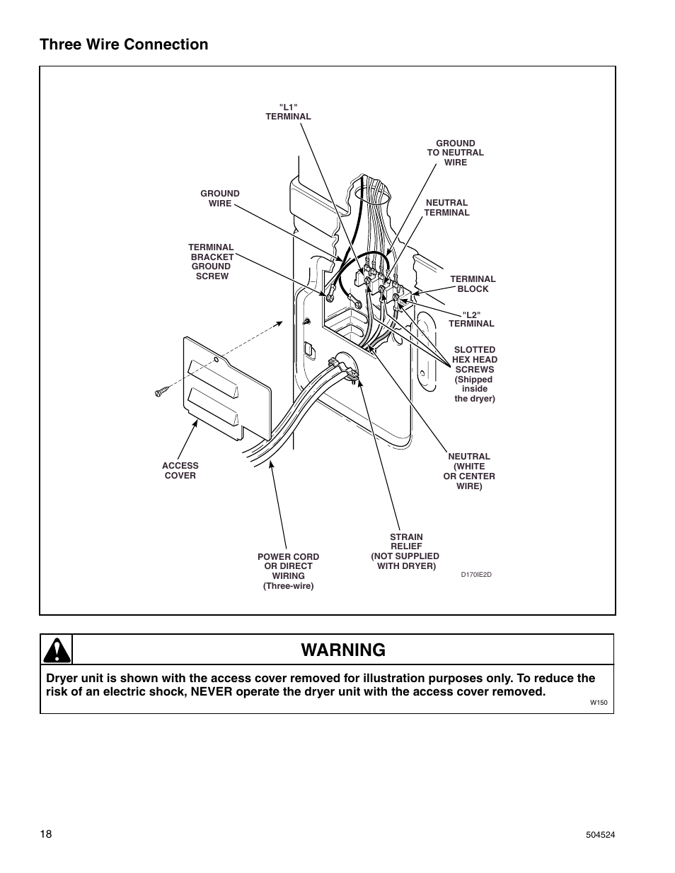 Warning, Three wire connection | Alliance Laundry Systems D355IE1B User Manual | Page 20 / 88