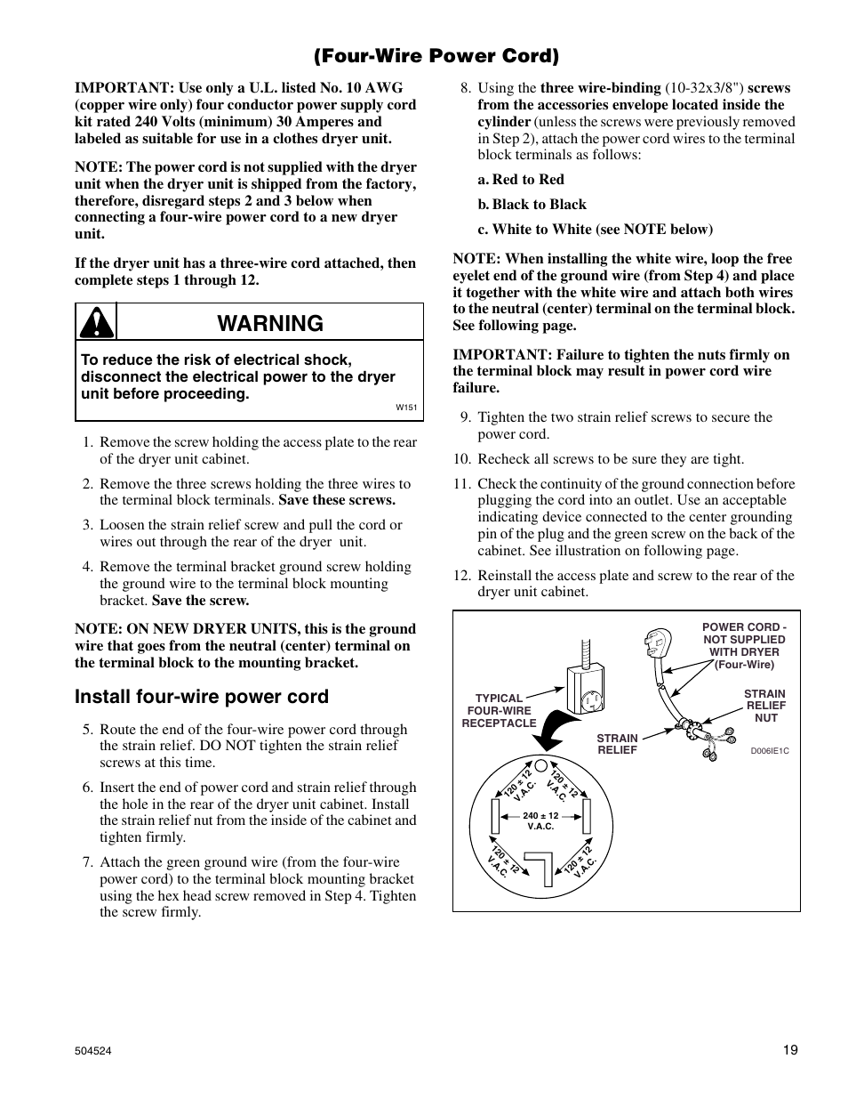 Warning, Four-wire power cord), Install four-wire power cord | Alliance Laundry Systems D355IE1B User Manual | Page 21 / 88