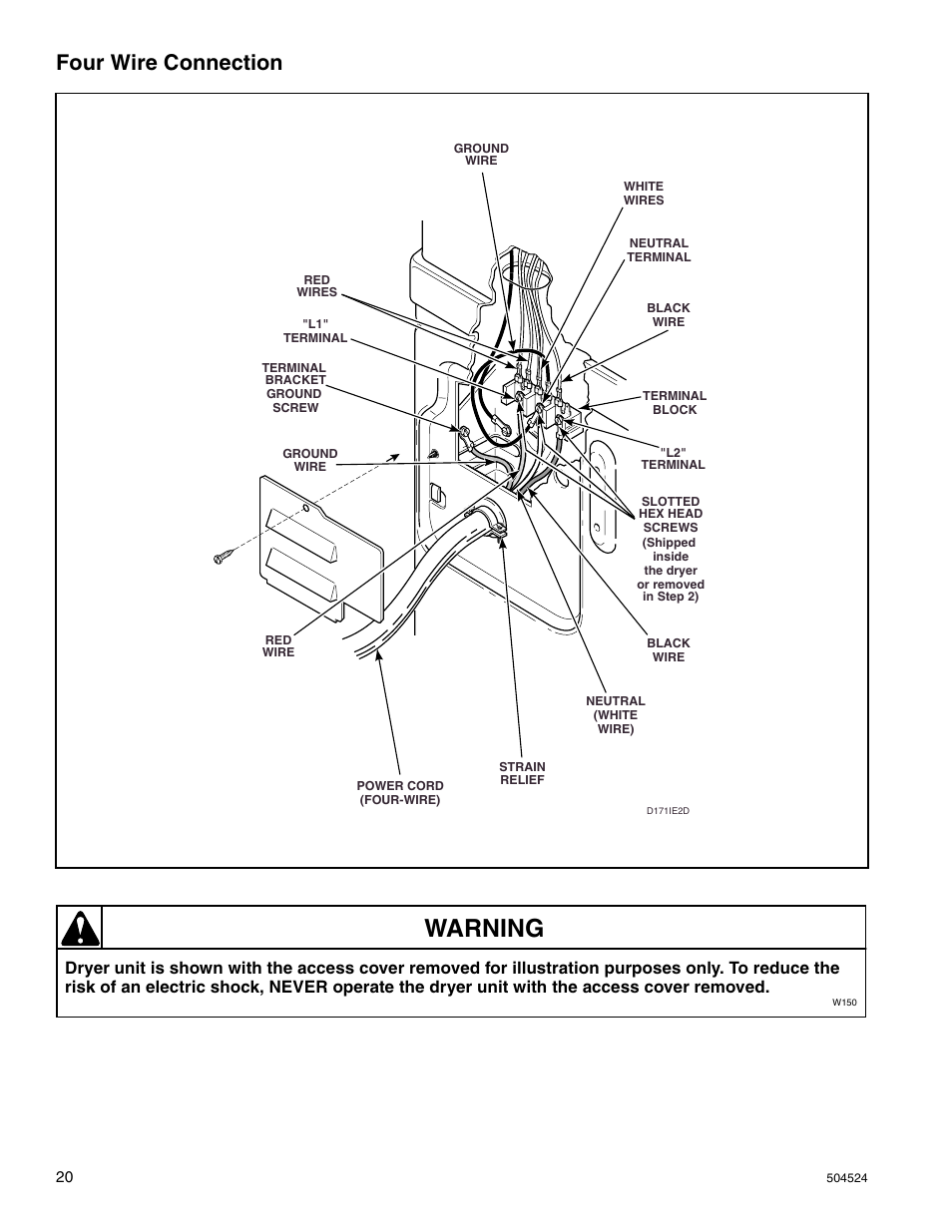 Warning, Four wire connection | Alliance Laundry Systems D355IE1B User Manual | Page 22 / 88
