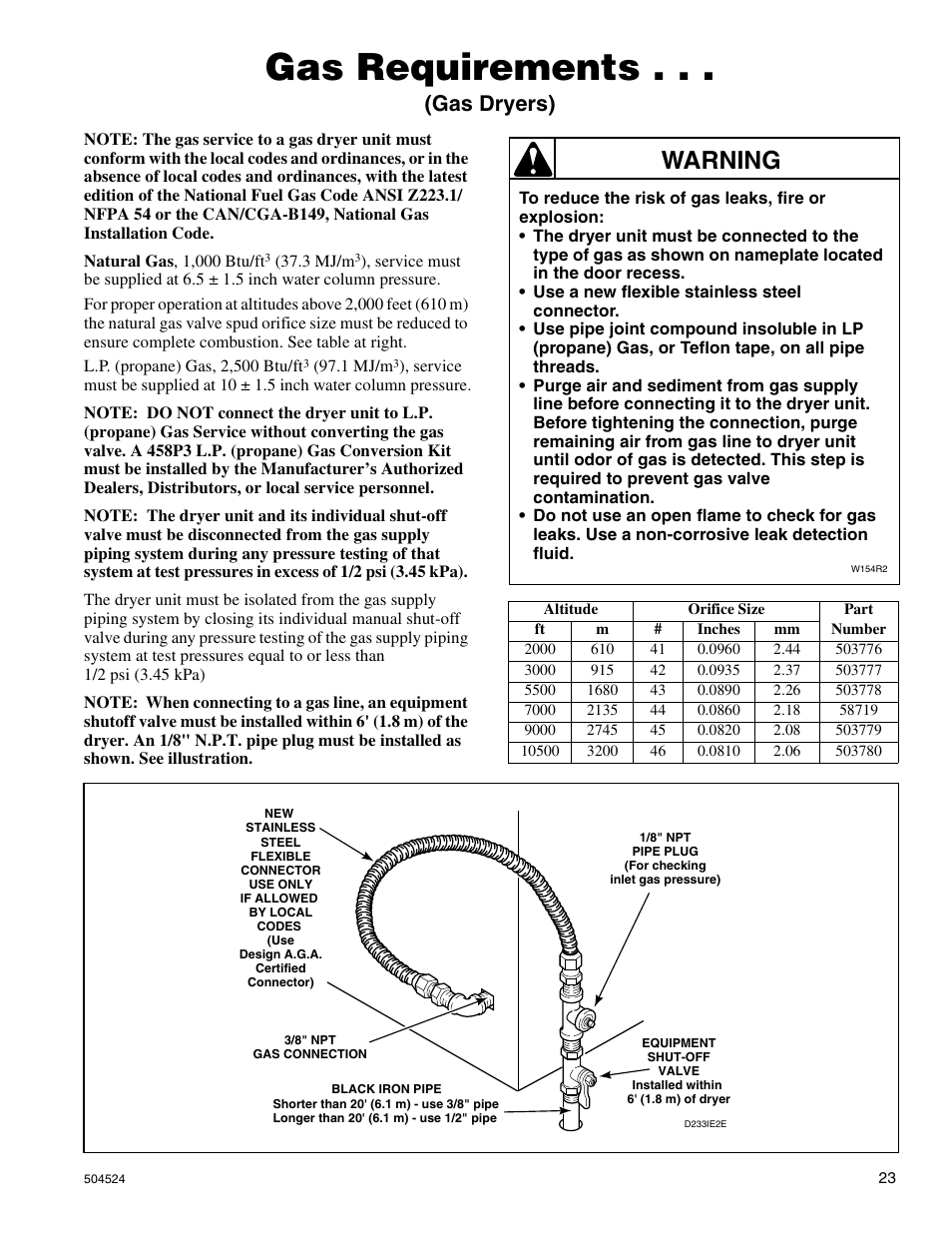 Gas requirements, Warning, Gas dryers) | Alliance Laundry Systems D355IE1B User Manual | Page 25 / 88
