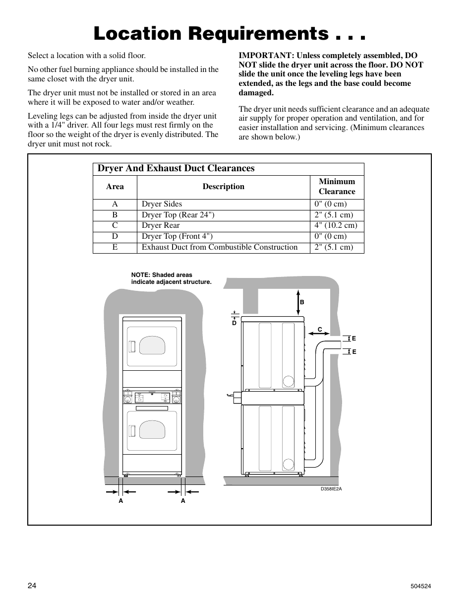 Location requirements, Dryer and exhaust duct clearances | Alliance Laundry Systems D355IE1B User Manual | Page 26 / 88