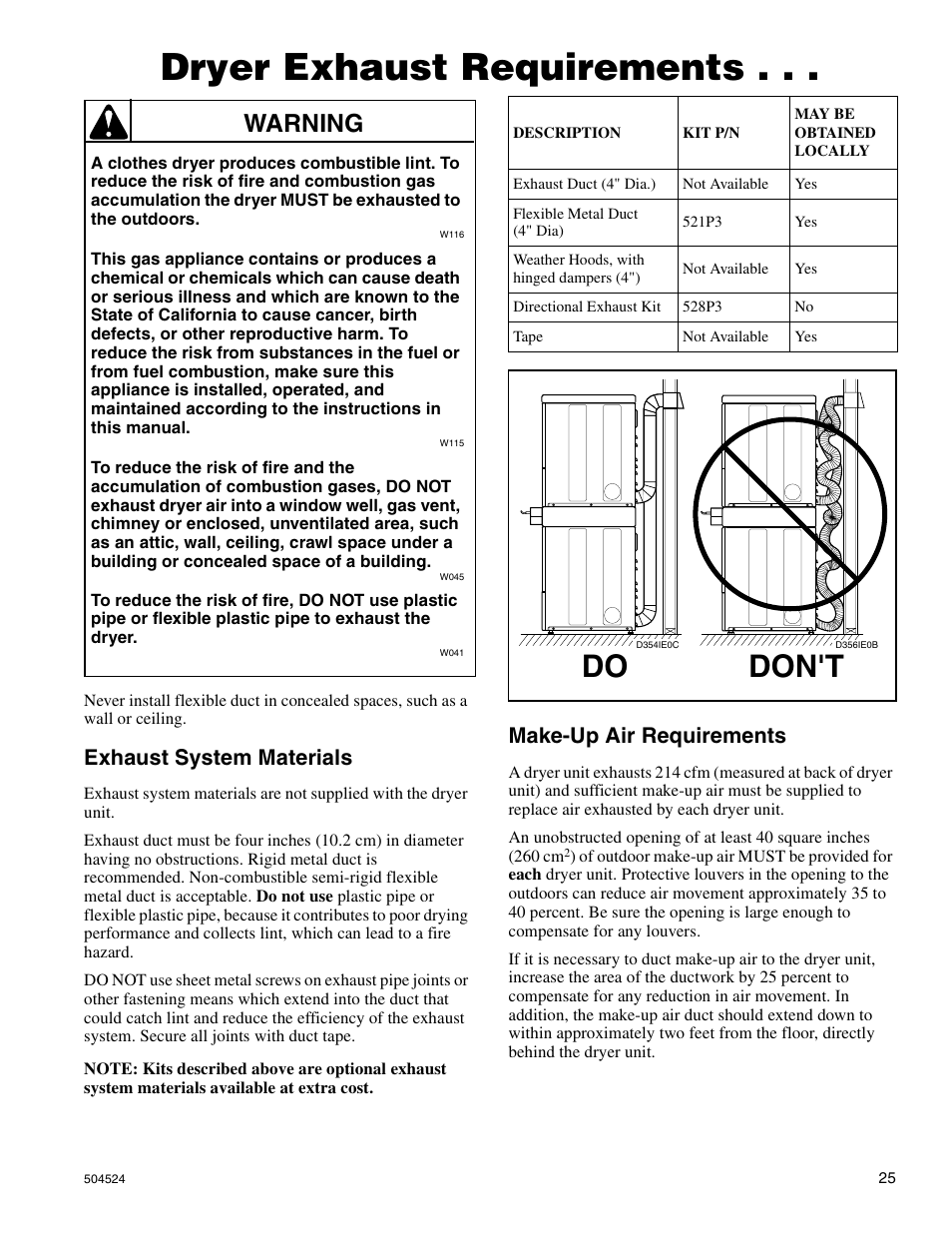 Dryer exhaust requirements, Don't, Warning | Exhaust system materials, Make-up air requirements | Alliance Laundry Systems D355IE1B User Manual | Page 27 / 88