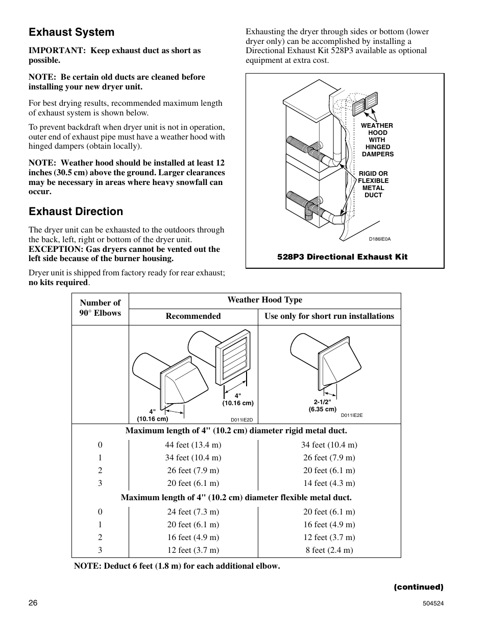 Exhaust system, Exhaust direction | Alliance Laundry Systems D355IE1B User Manual | Page 28 / 88