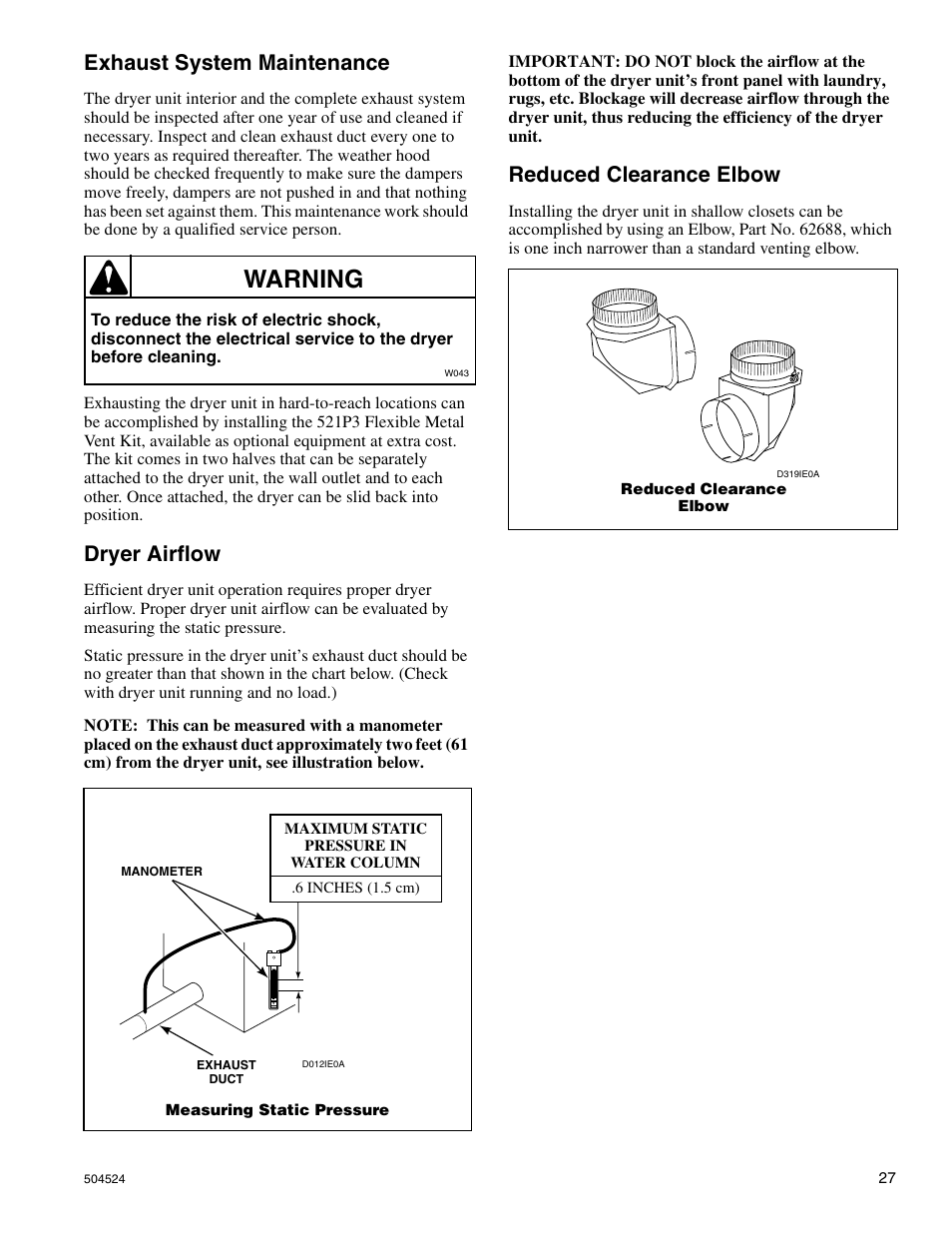 Warning, Exhaust system maintenance, Dryer airflow | Reduced clearance elbow | Alliance Laundry Systems D355IE1B User Manual | Page 29 / 88