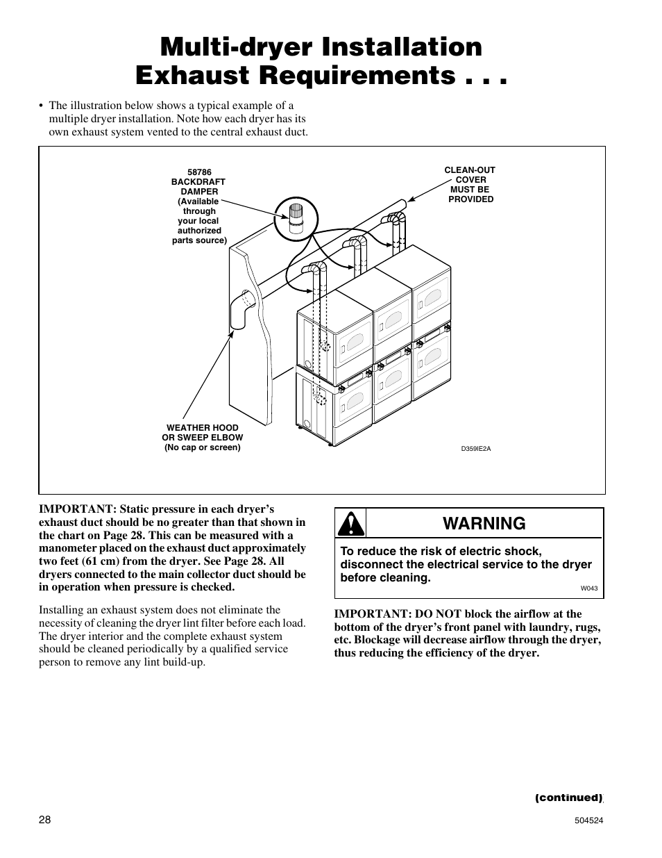 Multi-dryer installation exhaust requirements, Warning | Alliance Laundry Systems D355IE1B User Manual | Page 30 / 88