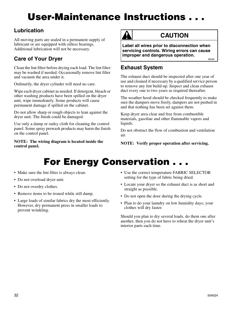 User-maintenance instructions, For energy conservation, Caution | Alliance Laundry Systems D355IE1B User Manual | Page 34 / 88