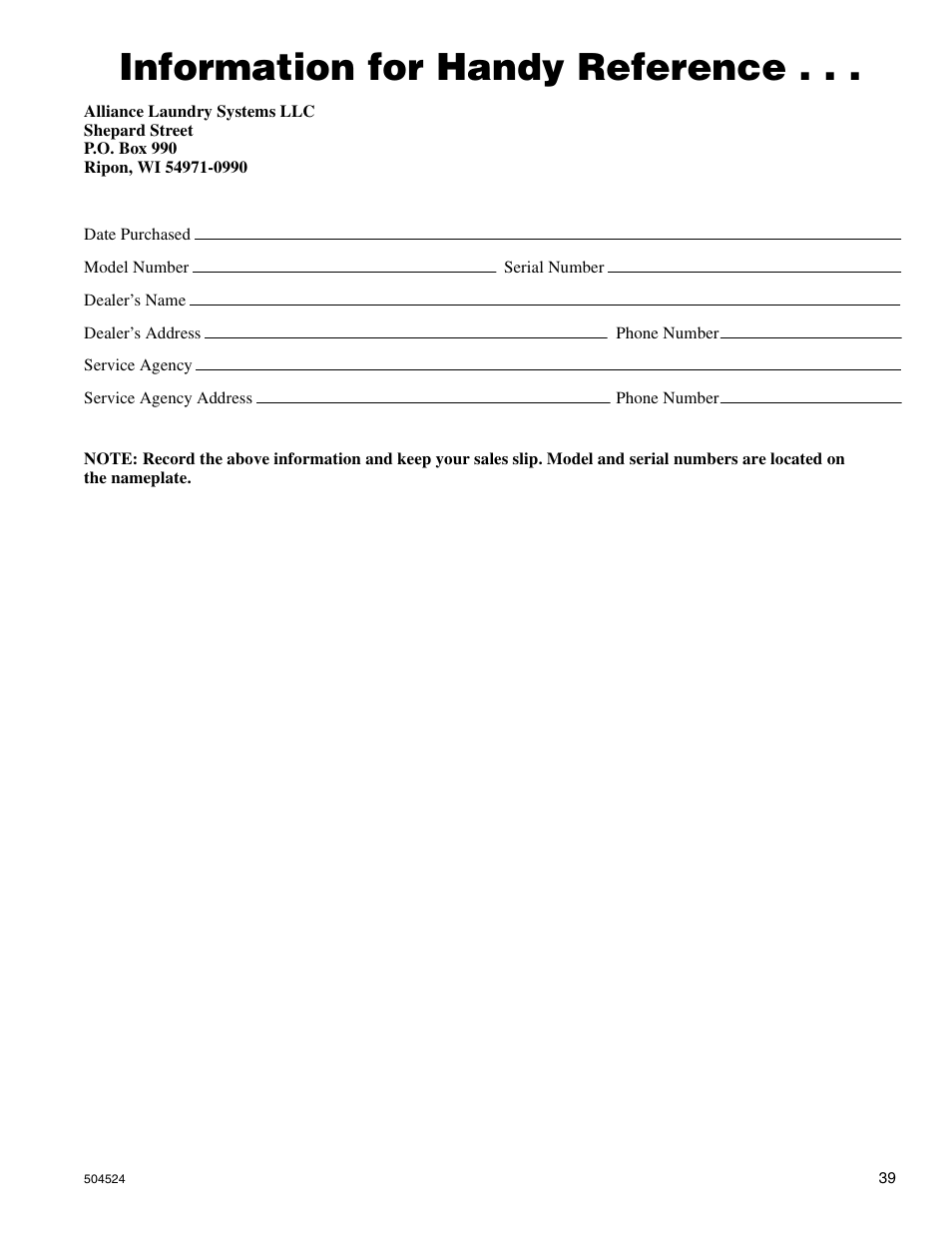 Information for handy reference | Alliance Laundry Systems D355IE1B User Manual | Page 41 / 88