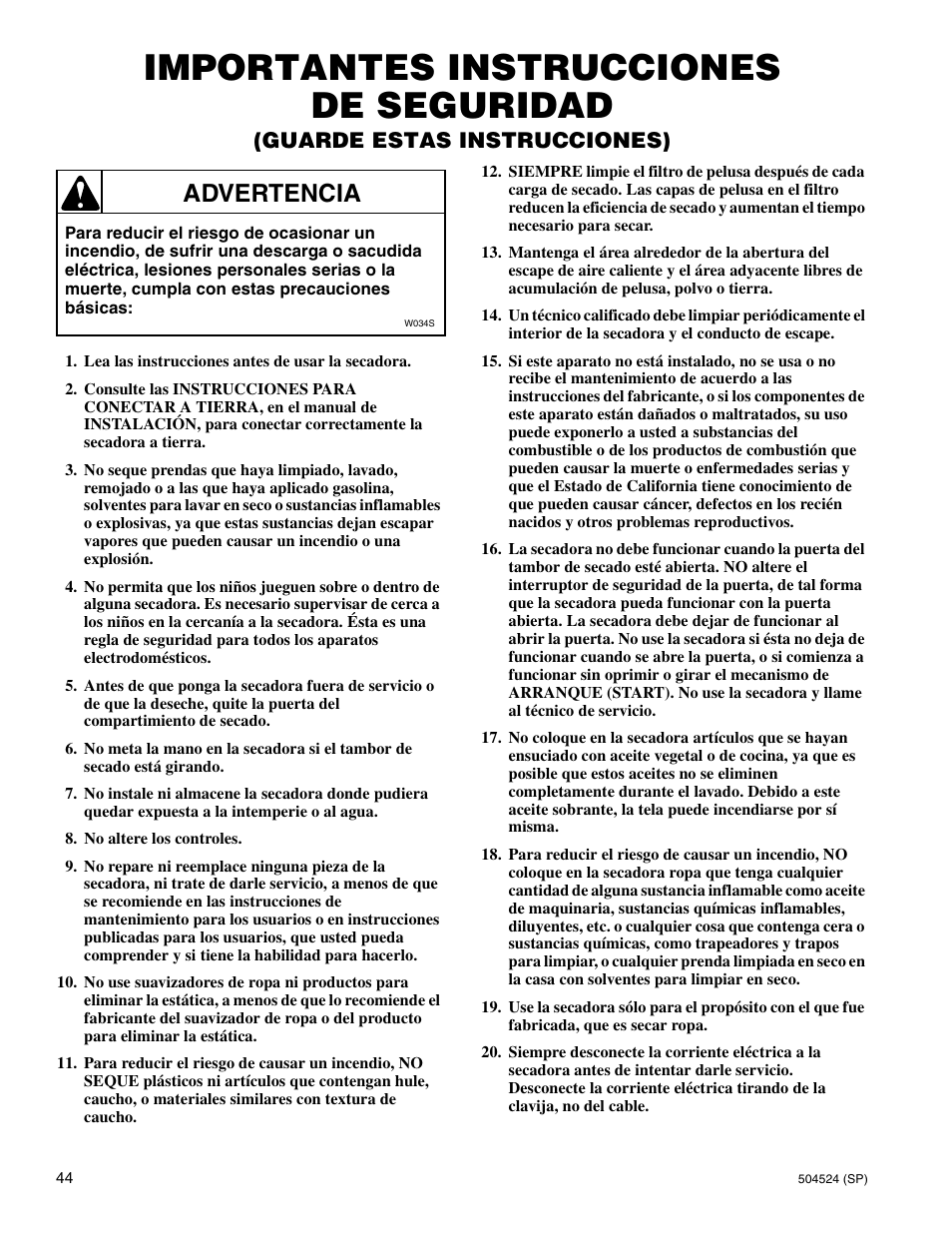 Importantes instrucciones de seguridad, Advertencia, Guarde estas instrucciones) | Alliance Laundry Systems D355IE1B User Manual | Page 46 / 88