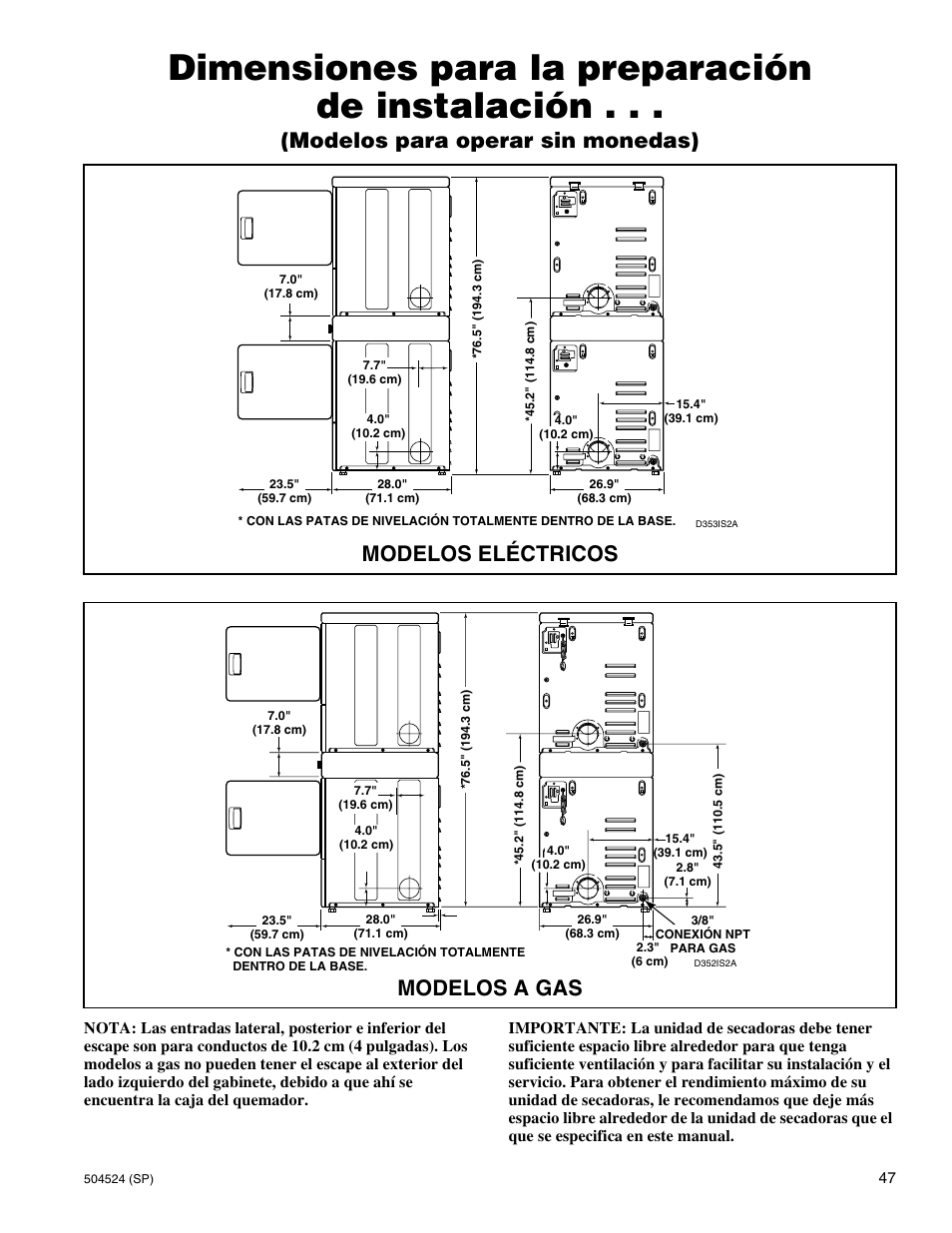 Dimensiones para la preparación de instalación, Modelos para operar sin monedas), Modelos eléctricos | Modelos a gas | Alliance Laundry Systems D355IE1B User Manual | Page 49 / 88