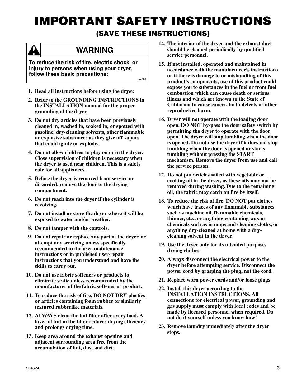 Important safety instructions, Warning, Save these instructions) | Alliance Laundry Systems D355IE1B User Manual | Page 5 / 88