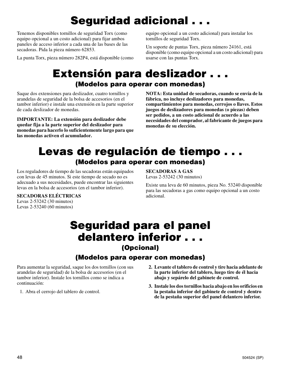 Seguridad adicional, Extensión para deslizador, Levas de regulación de tiempo | Seguridad para el panel delantero inferior | Alliance Laundry Systems D355IE1B User Manual | Page 50 / 88