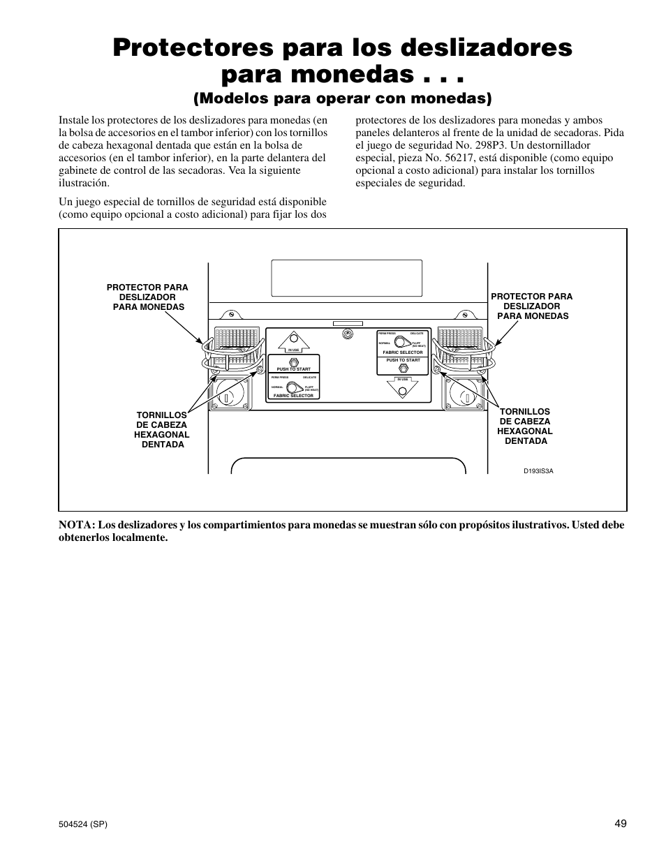 Protectores para los deslizadores para monedas, Modelos para operar con monedas) | Alliance Laundry Systems D355IE1B User Manual | Page 51 / 88
