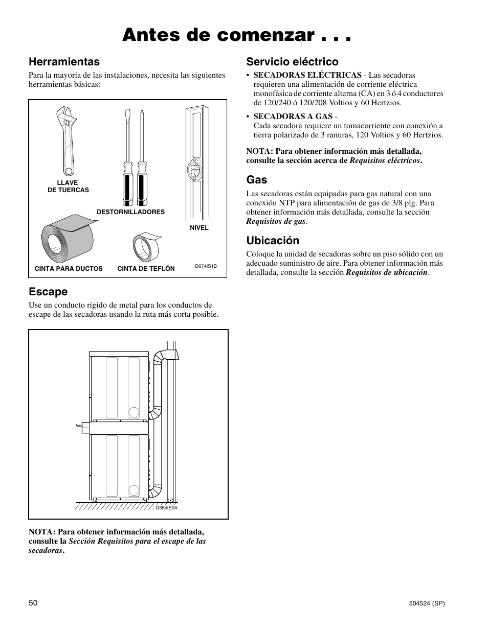 Antes de comenzar, Herramientas, Escape | Servicio eléctrico, Ubicación | Alliance Laundry Systems D355IE1B User Manual | Page 52 / 88