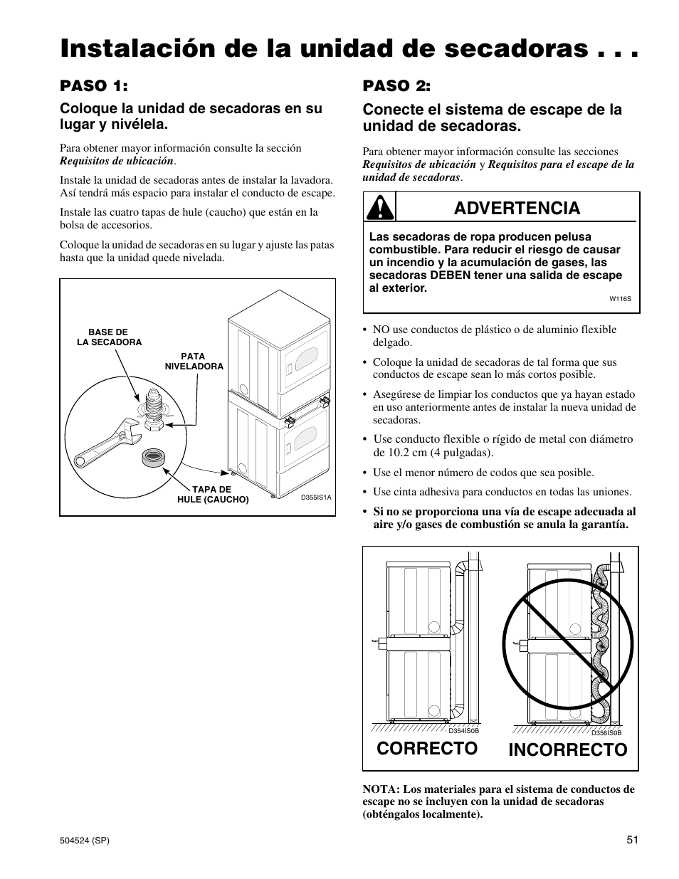 Instalación de la unidad de secadoras, Advertencia incorrecto, Correcto | Paso 1 | Alliance Laundry Systems D355IE1B User Manual | Page 53 / 88