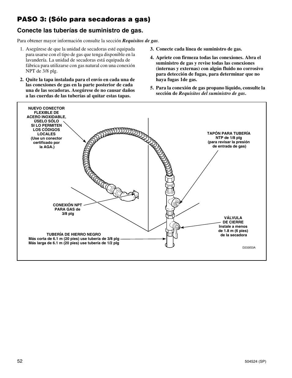 Paso 3: (sólo para secadoras a gas), Conecte las tuberías de suministro de gas | Alliance Laundry Systems D355IE1B User Manual | Page 54 / 88