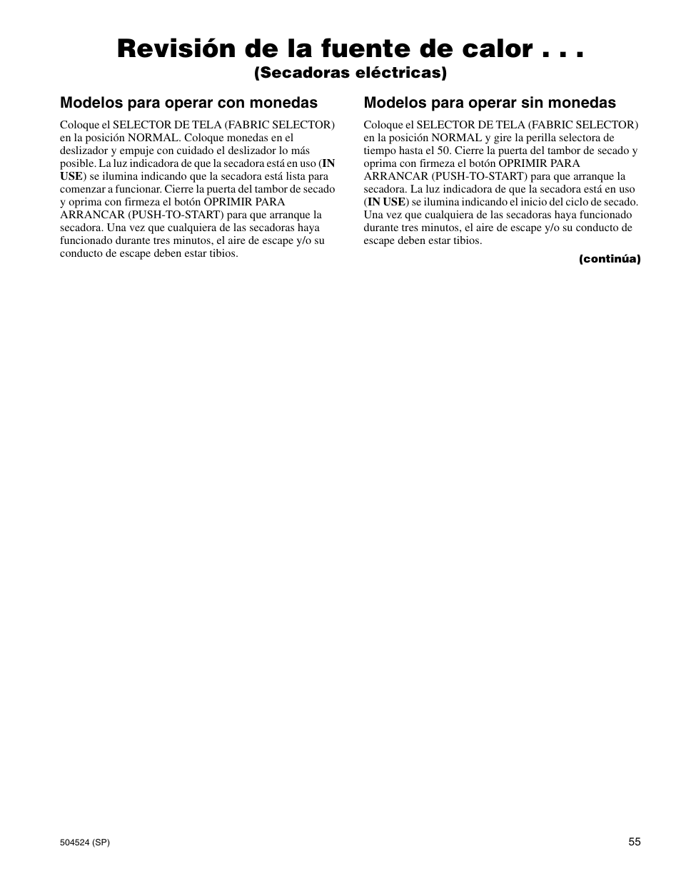 Revisión de la fuente de calor | Alliance Laundry Systems D355IE1B User Manual | Page 57 / 88