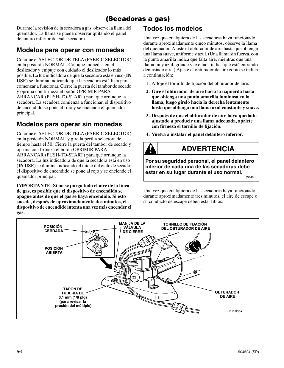 Advertencia, Secadoras a gas), Modelos para operar con monedas | Modelos para operar sin monedas, Todos los modelos | Alliance Laundry Systems D355IE1B User Manual | Page 58 / 88